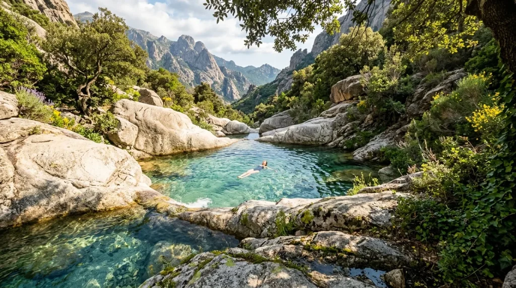 Nageur dans une rivière cristalline entourée de montagnes rocheuses