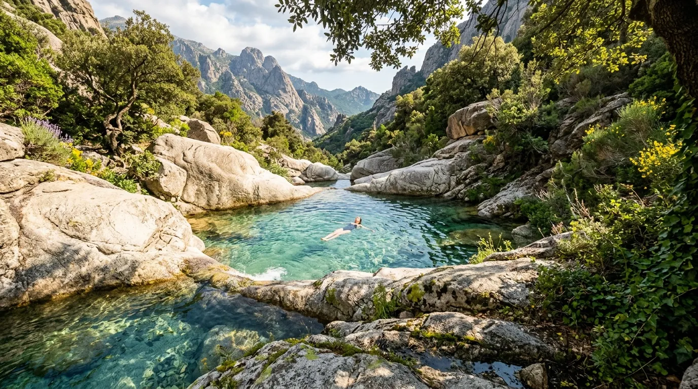 Nageur dans une rivière cristalline entourée de montagnes rocheuses