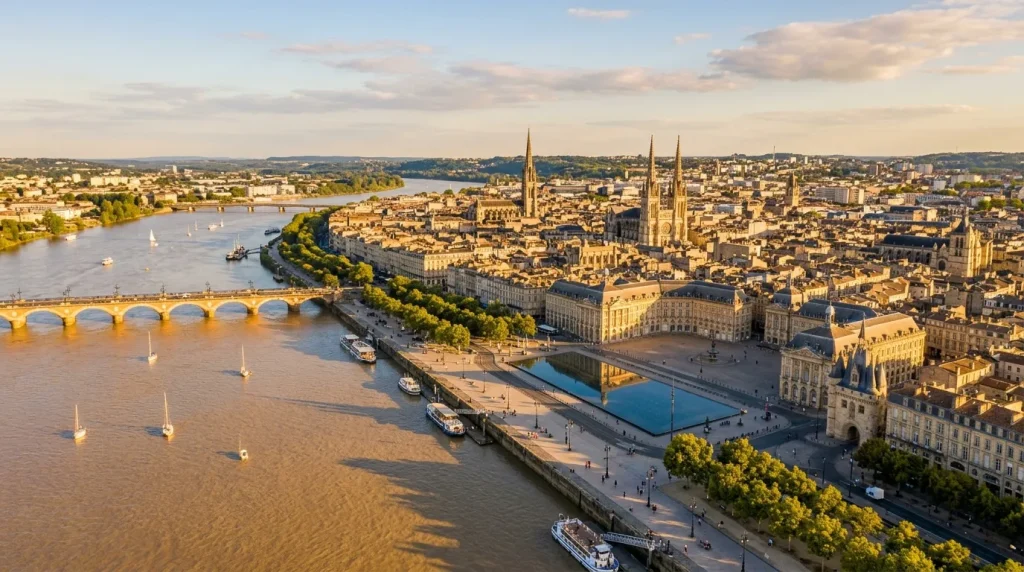 Vue aérienne de Bordeaux avec la cathédrale et la Garonne