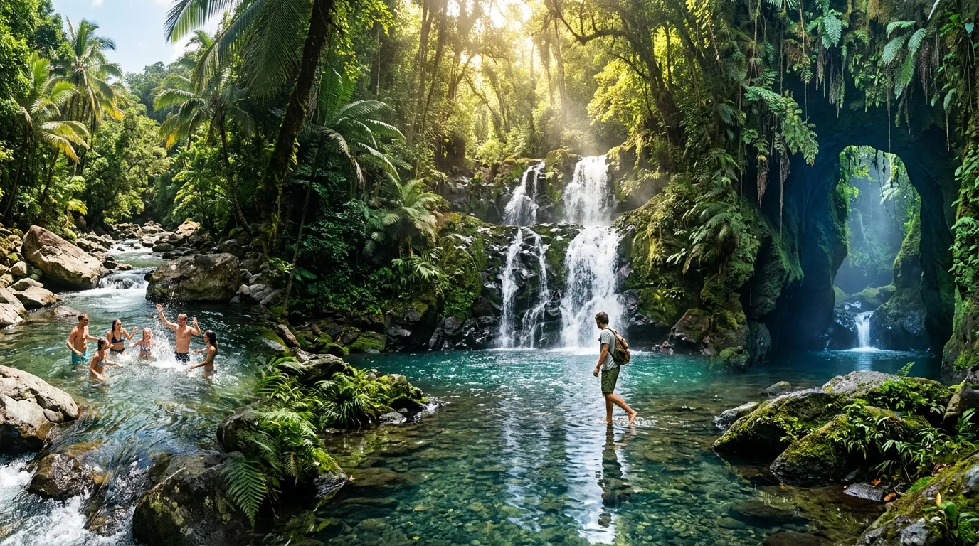 Touristes baignent dans bassin turquoise sous cascade forestière