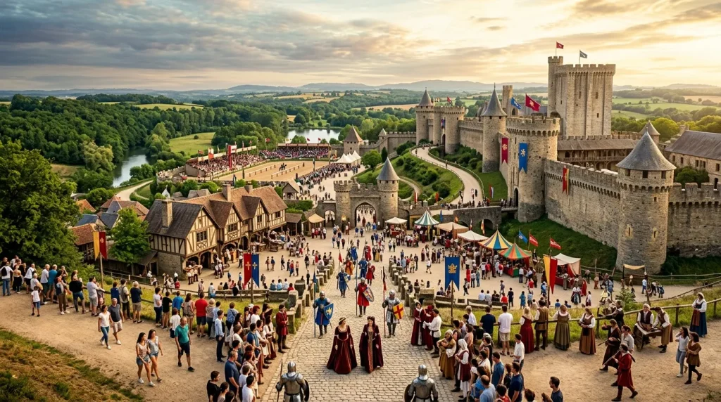 Château fortifié avec foule en costumes médiévaux