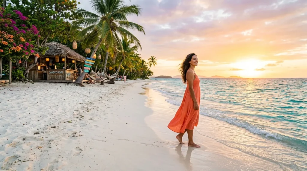 Femme en robe orange sur plage tropicale au coucher soleil