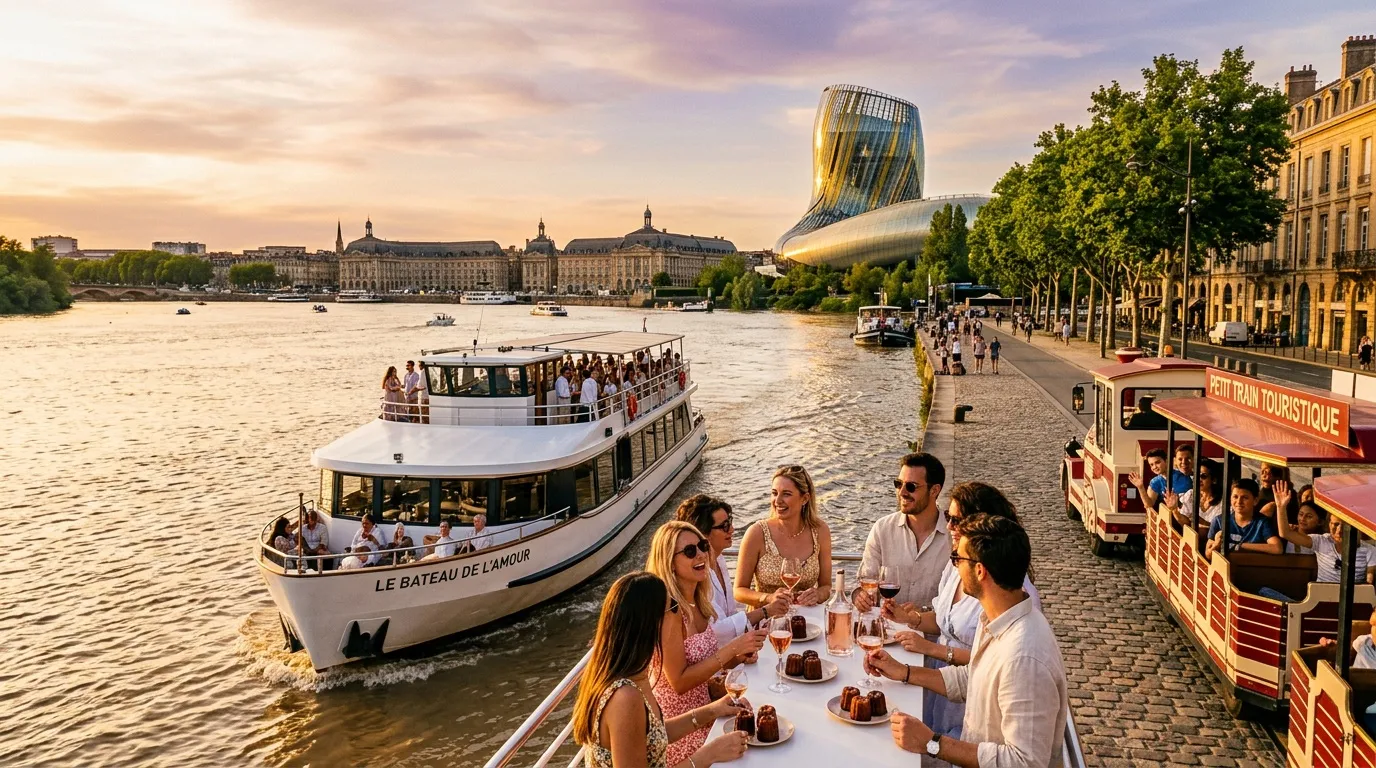 Groupe dînant sur une terrasse avec bateau touristique à proximité