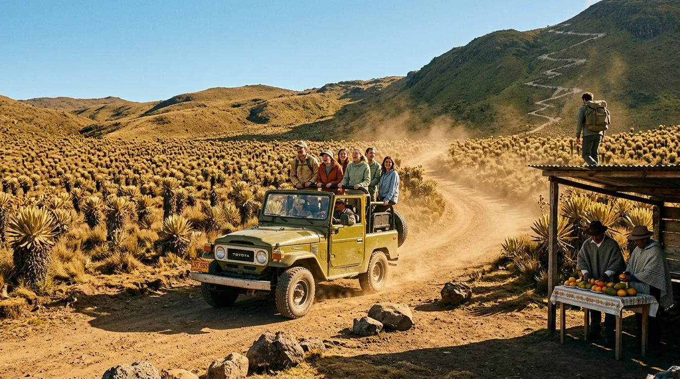 Groupe touristique en jeep jaune traversant d&eacute;sert montagneux aride