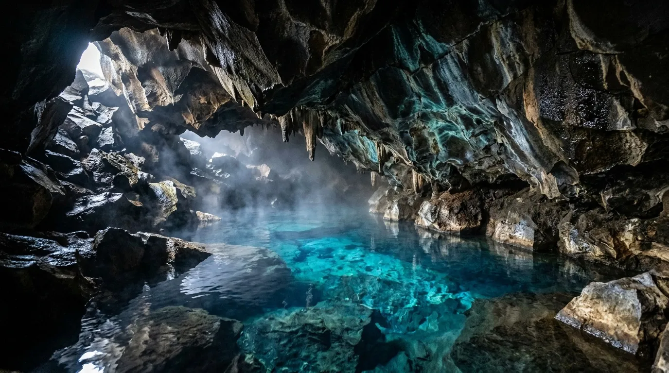 Caverne calcaire avec lac souterrain bleu cristallin et stalactites
