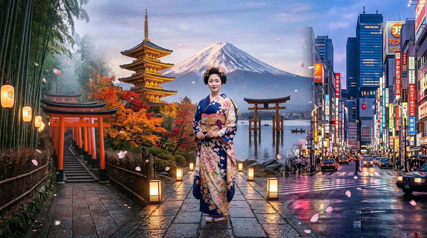 Femme en kimono entre temples anciens et ville moderne
