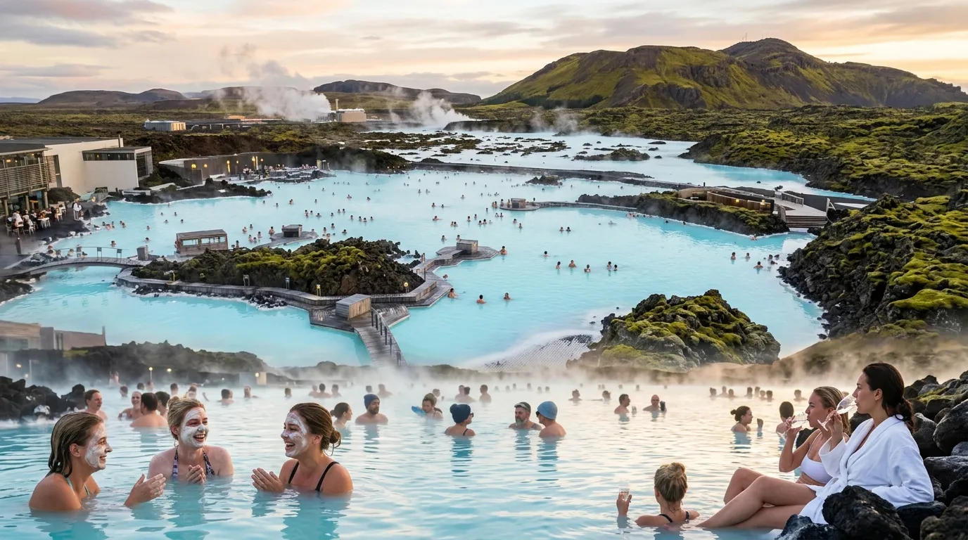 Personnes se baignant dans une eau turquoise geothermale islandaise