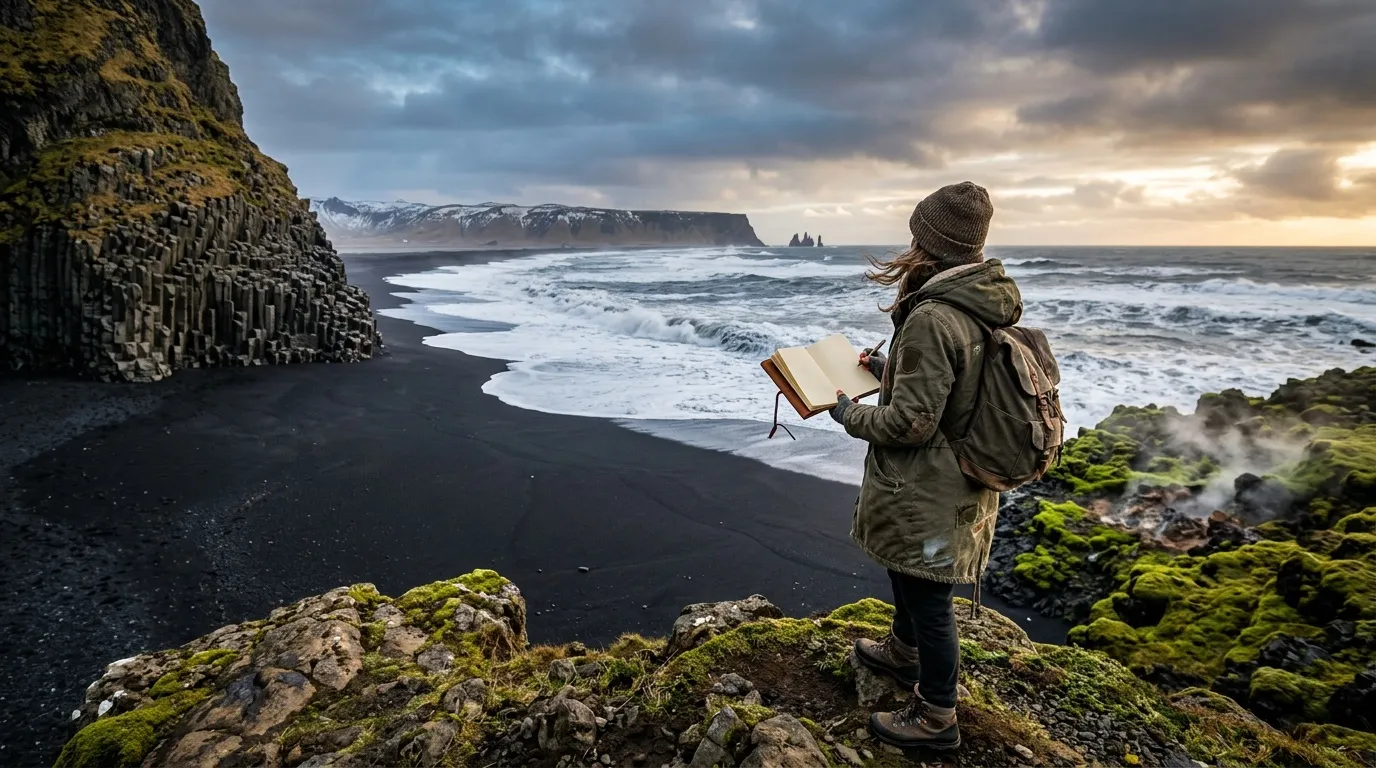 Femme lisant face aux falaises et océan d'Islande