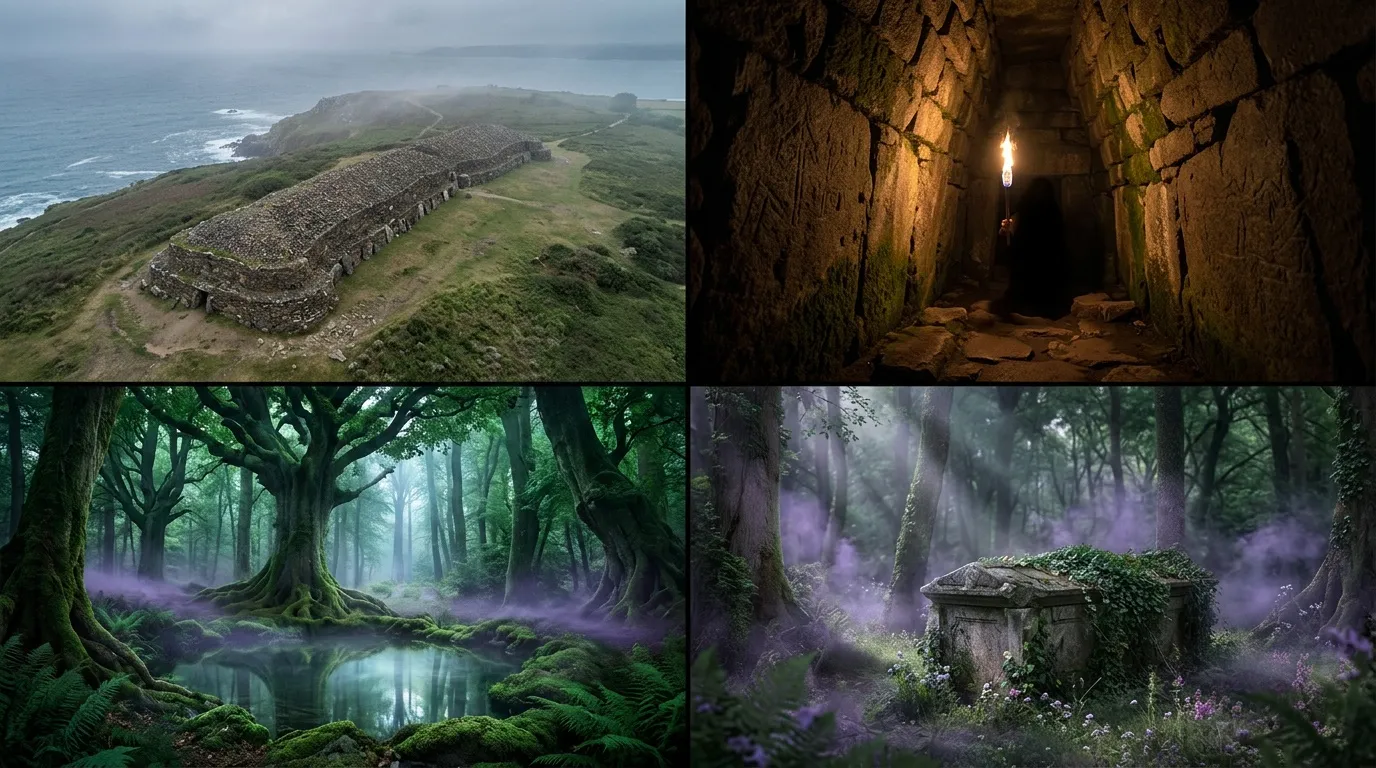 Ruines c&ocirc;ti&egrave;res, caverne, for&ecirc;ts magiques avec fleurs violettes