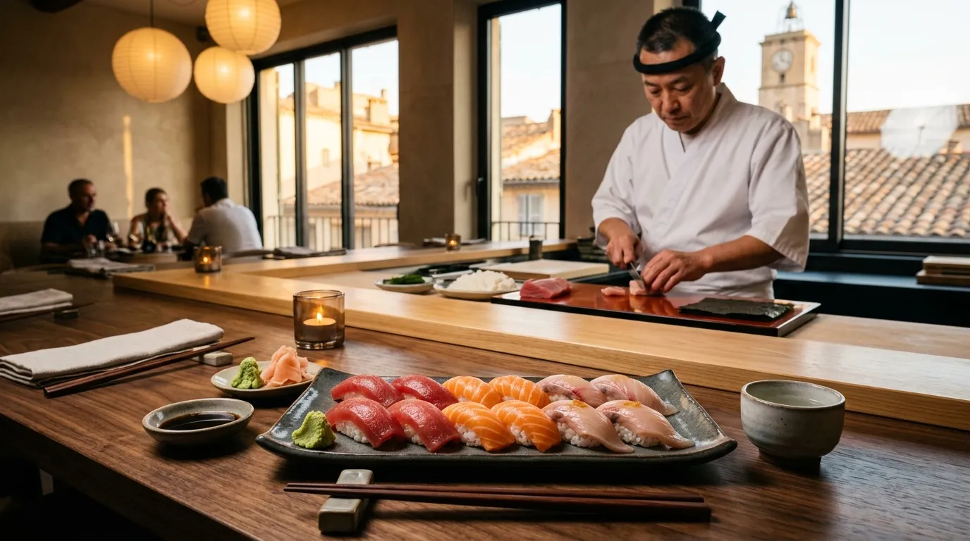 Chef japonais préparant sushi dans restaurant gastronomique moderne