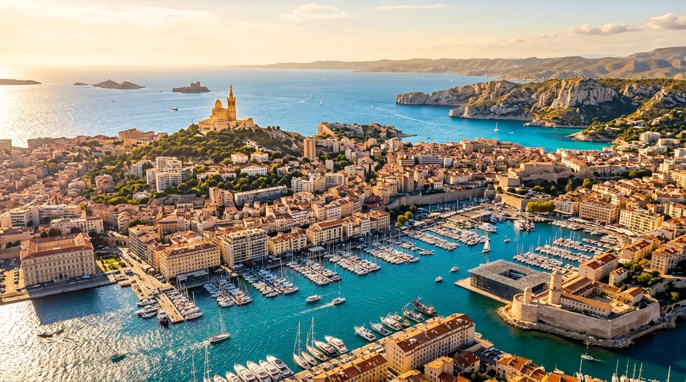 Vue aérienne de Marseille avec basilique, port et calanques