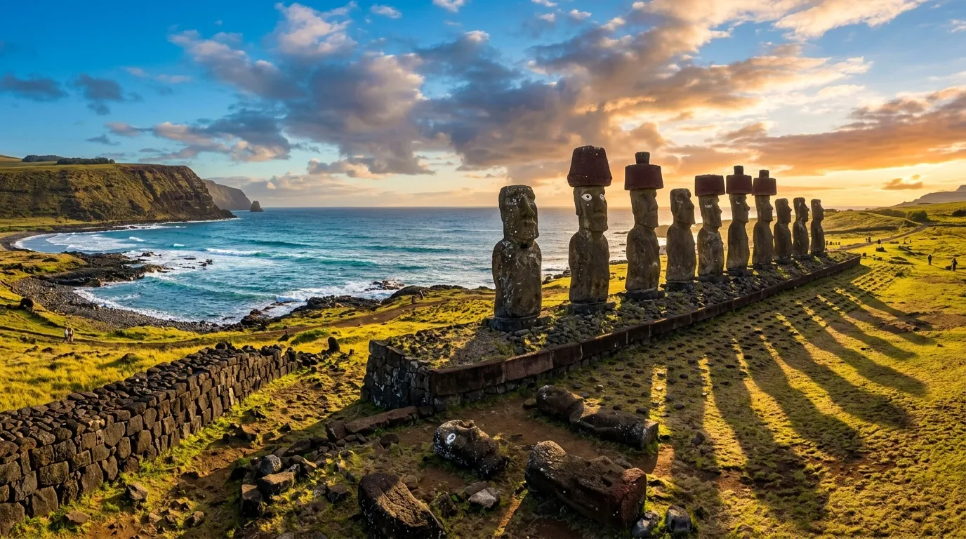 Statues moaï géantes face à l'océan au coucher soleil