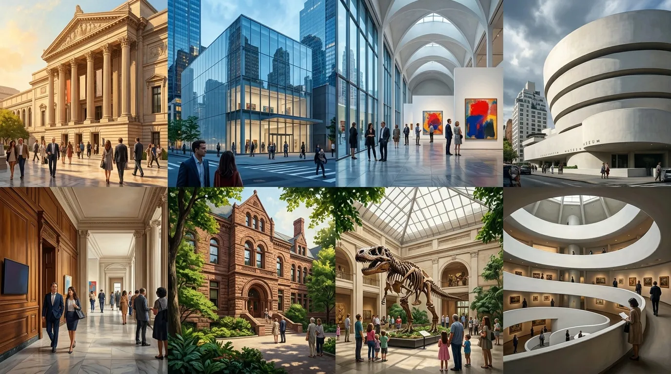 Collage de huit mus&eacute;es contemporains et historiques avec visiteurs.