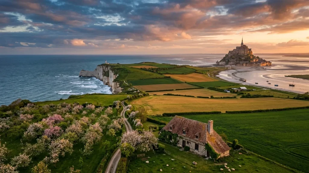 Falaises blanches, château médiéval et paysage rural normand au coucher soleil