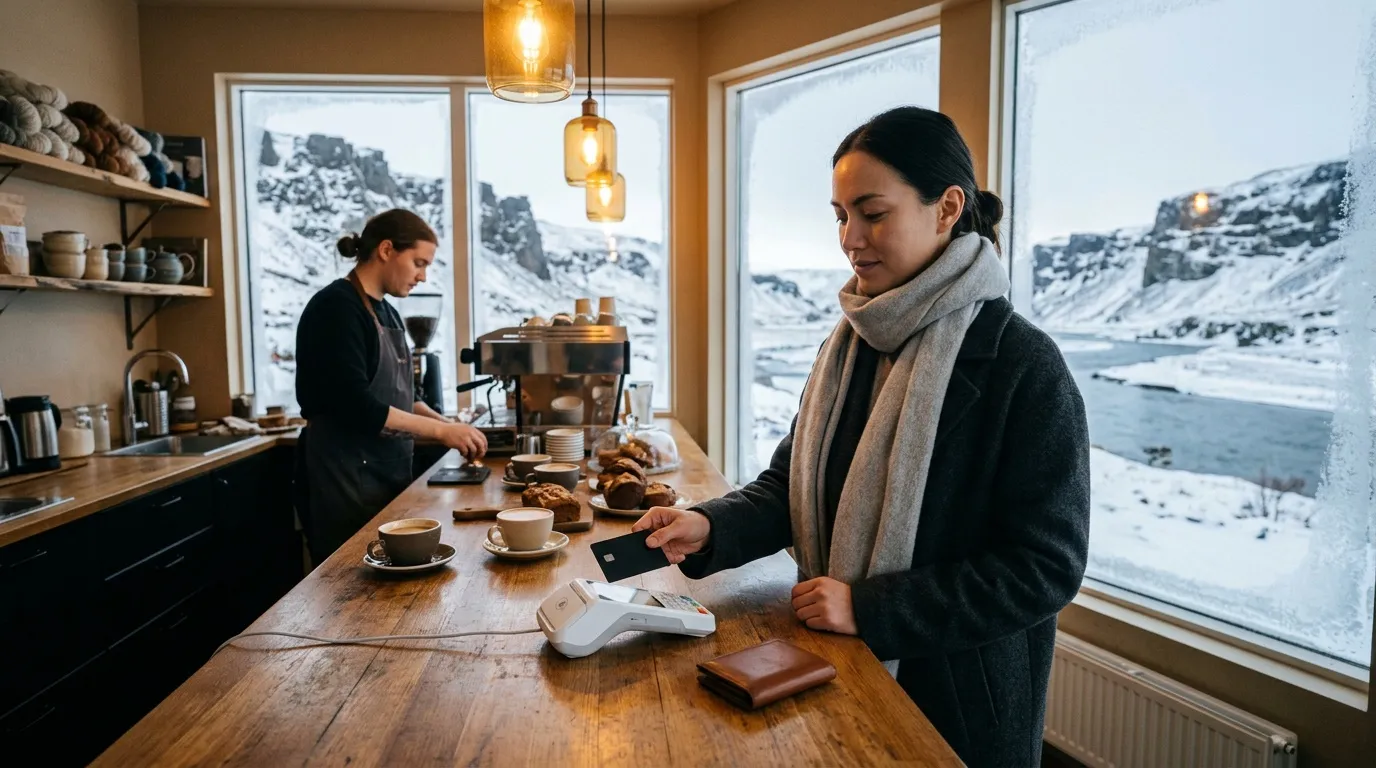Femme effectuant un paiement par carte dans un café avec vue montagne enneigée