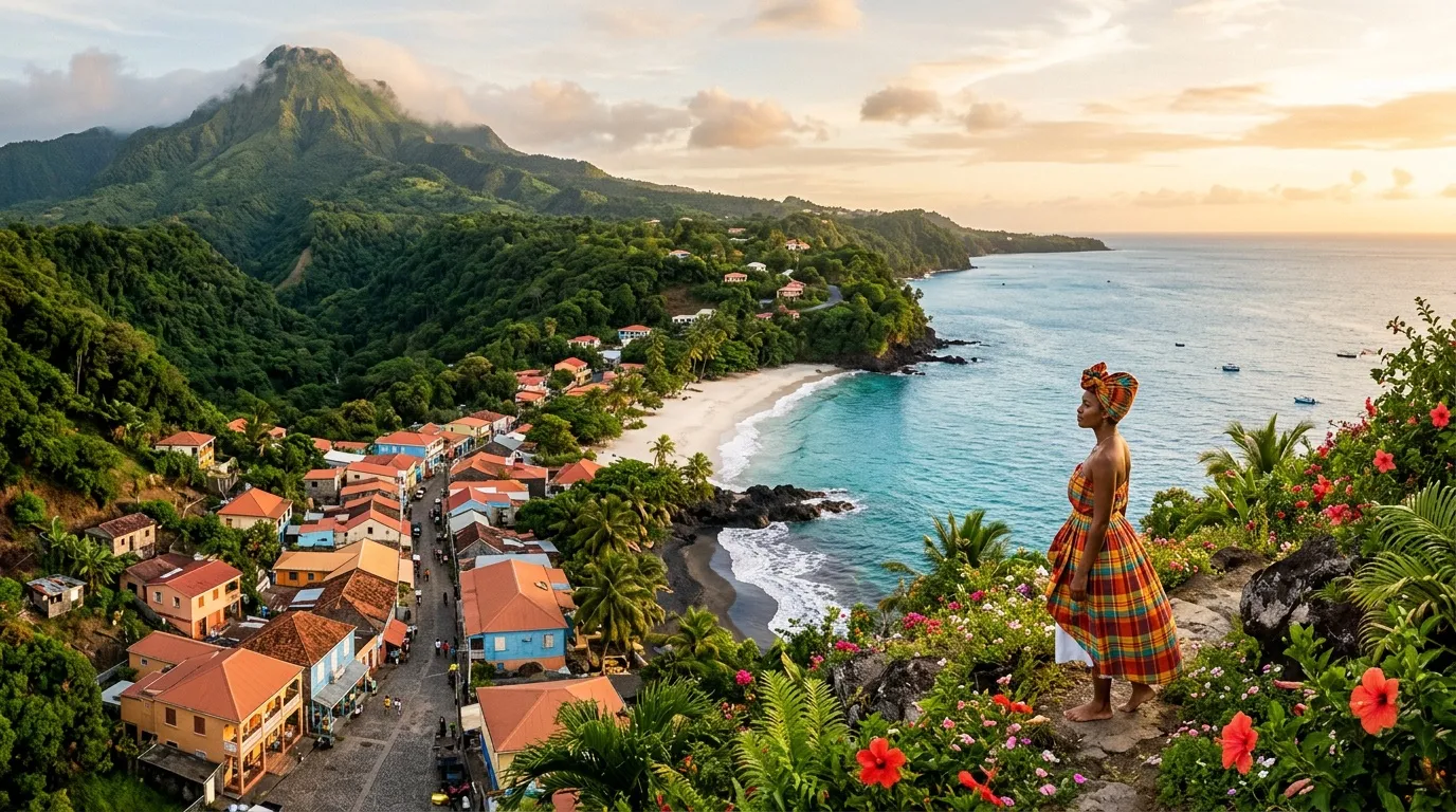 Femme en robe colorée admirant village côtier montagneux tropical