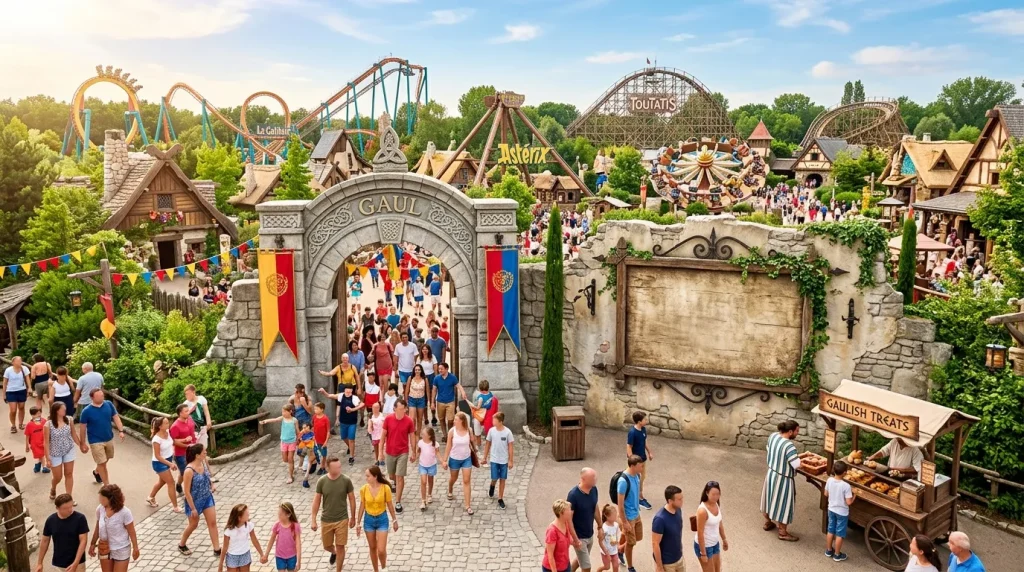 Parc d'attractions avec château, montagnes russes et visiteurs