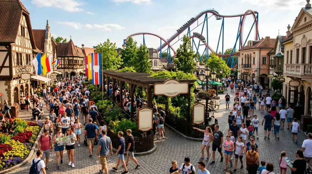 Foule dans parc avec montagnes russes et architecture européenne