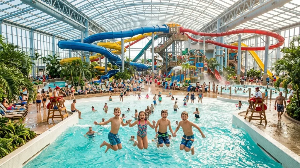 Enfants jouant dans piscine couverte avec toboggans colorés