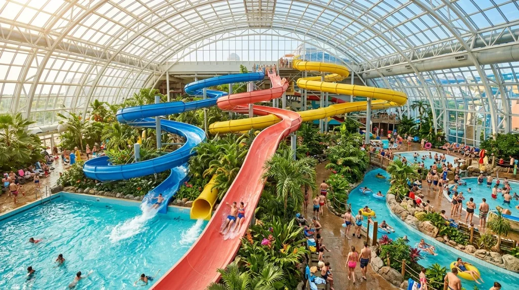 Parc aquatique couvert avec toboggans colorés et piscines