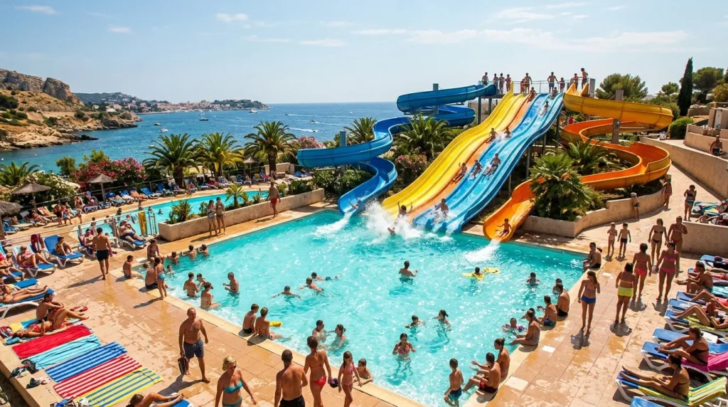Parc aquatique avec toboggans colorés surplombant la mer Méditerranée