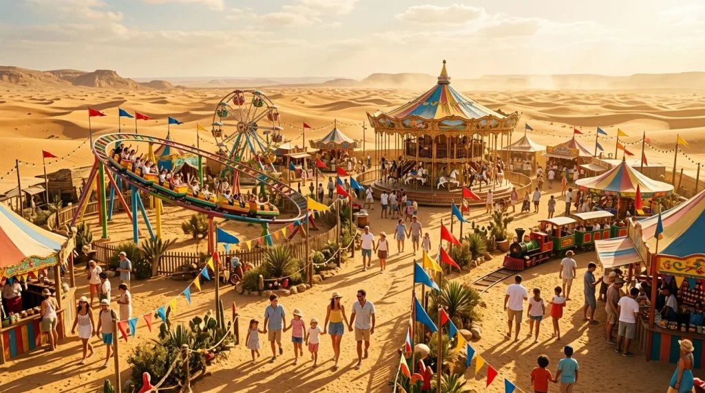 Parc à thème coloré avec manèges et carousel au milieu du désert de sable