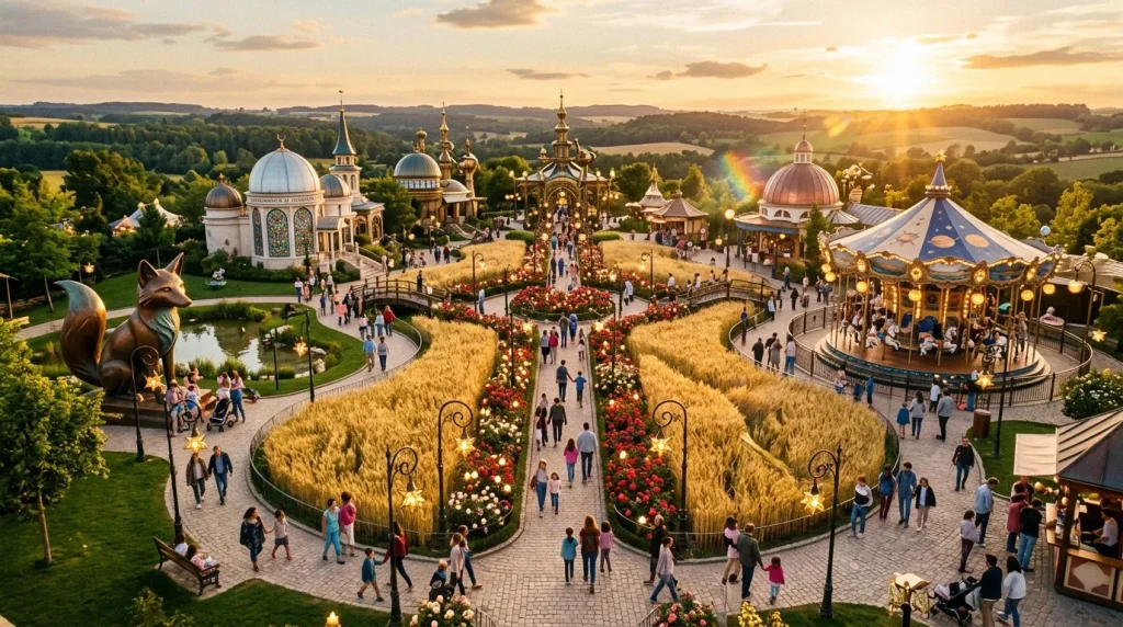 Parc thématique avec églises orthodoxes, carrousel et prairie dorée.