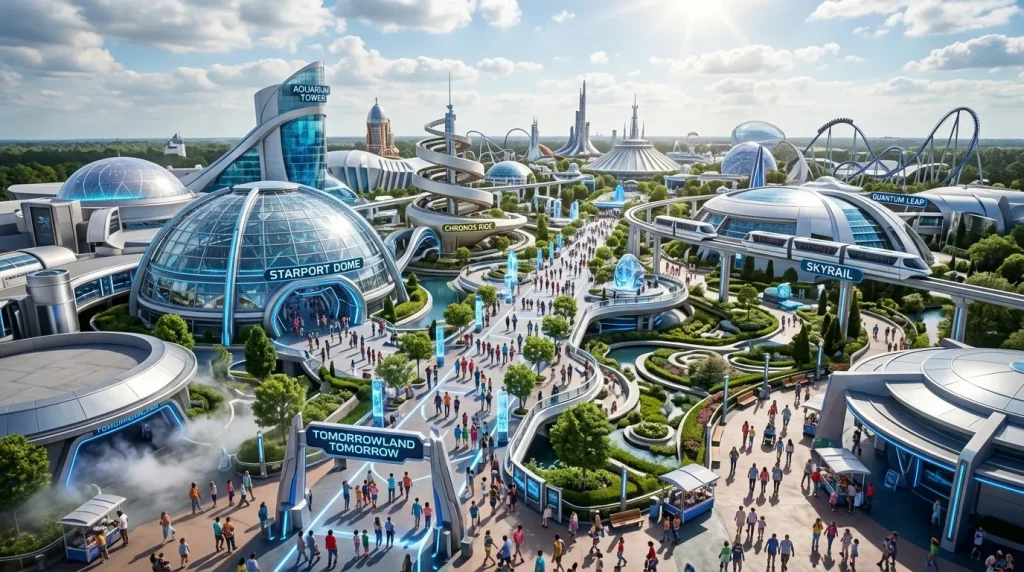 Vue aérienne d'un parc à thème futuriste avec dômes, montagnes russes et foules
