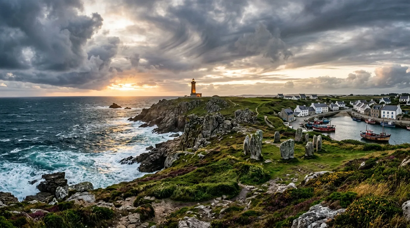 Phare sur falaise rocheuse, village côtier, mer agitée