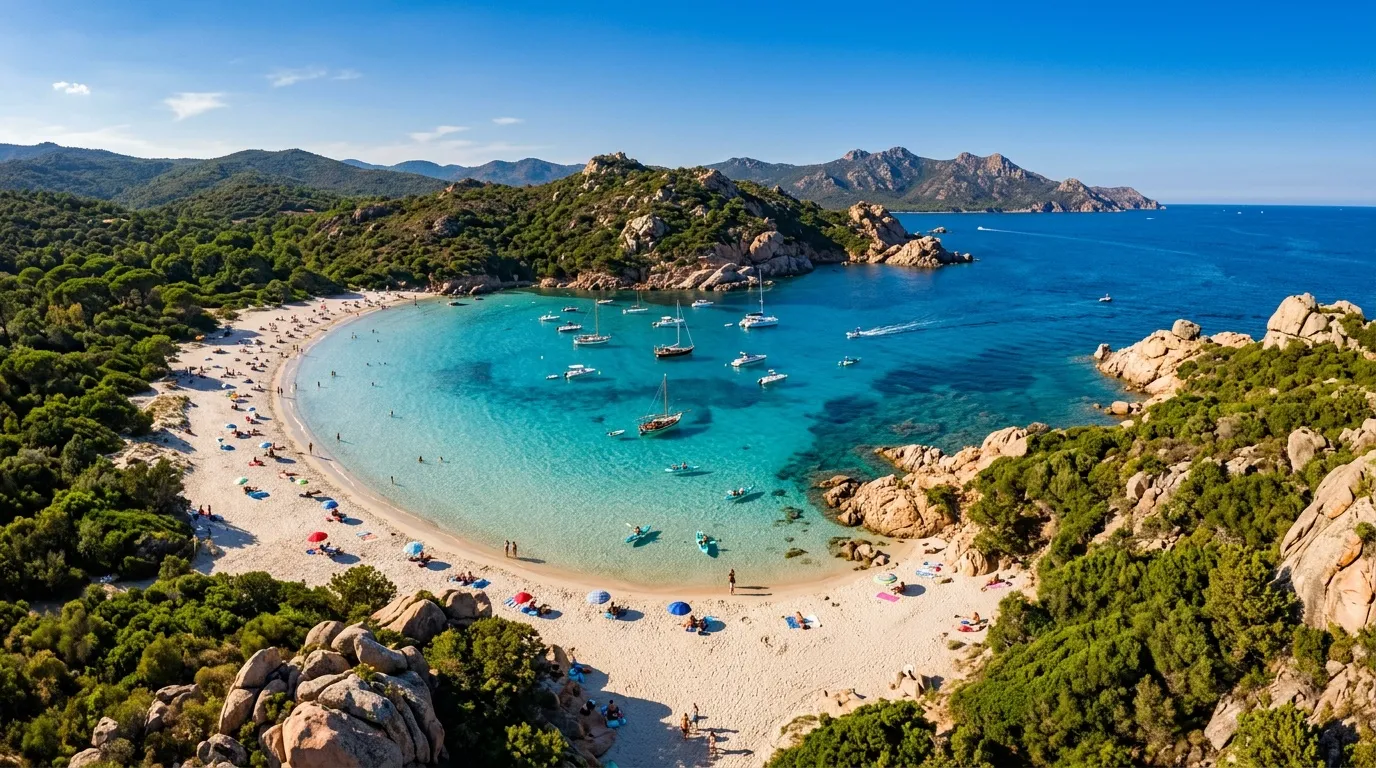 Crique turquoise entourée de rochers, plage et bateaux ancrés