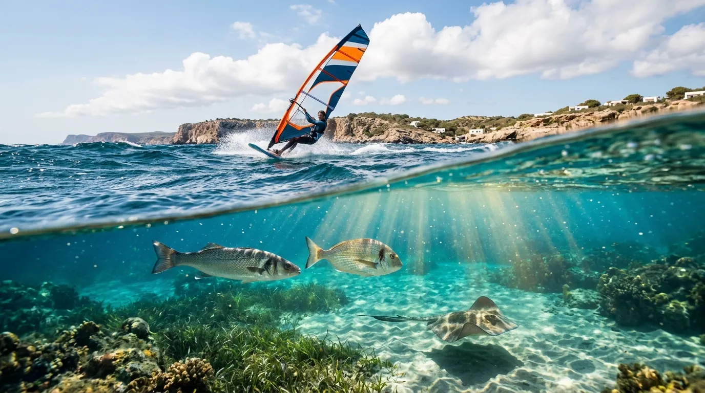 Véliplanchiste survolant l'eau turquoise avec poissons et coraux