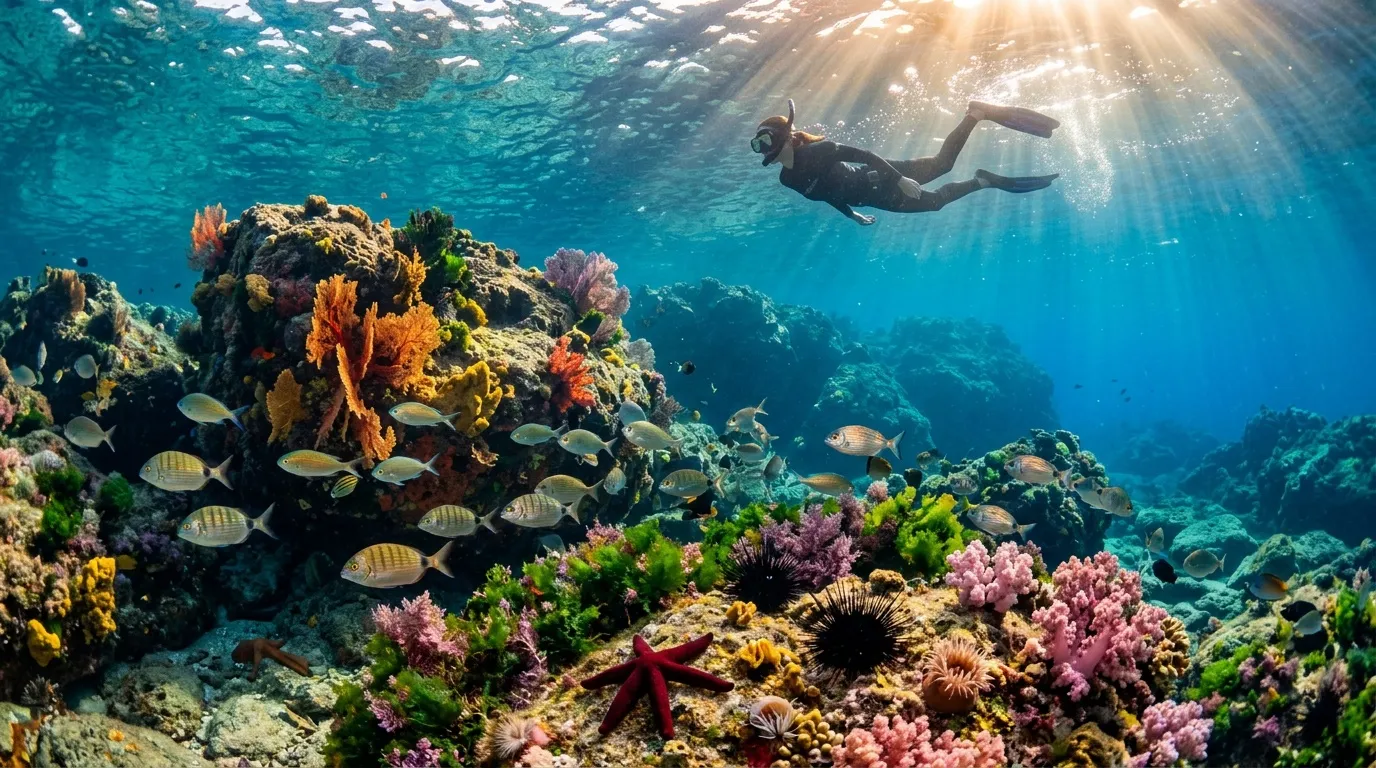 Plongeur explorant un récif corallien coloré avec poissons