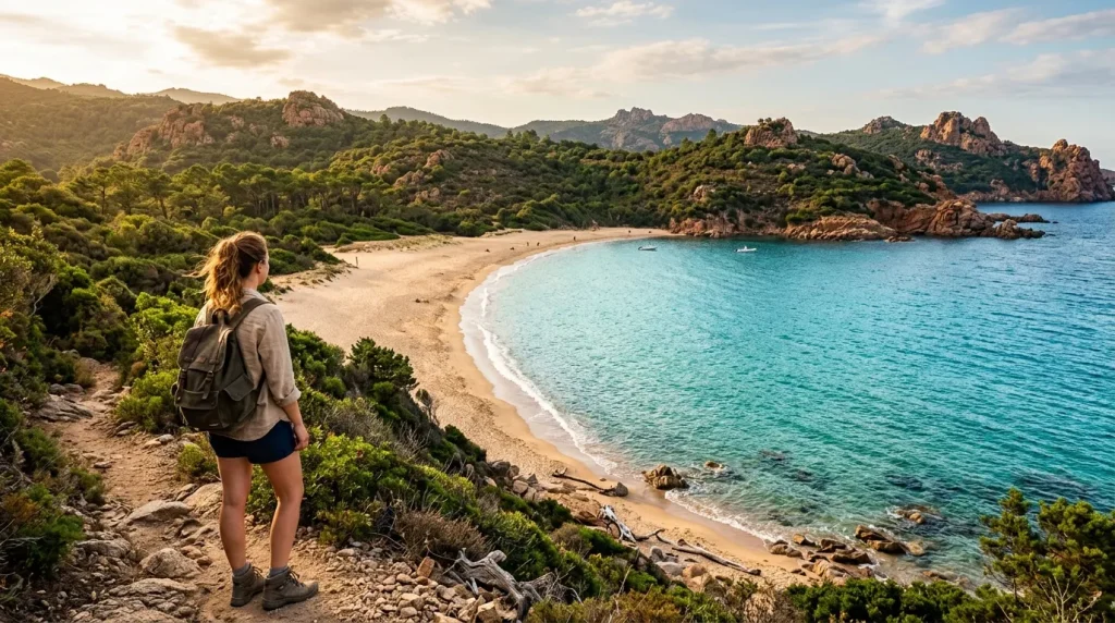 Femme randonneuse observant plage turquoise et montagnes rocheuses