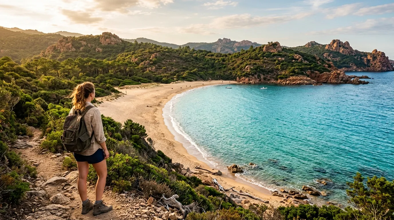Femme randonneuse observant plage turquoise et montagnes rocheuses