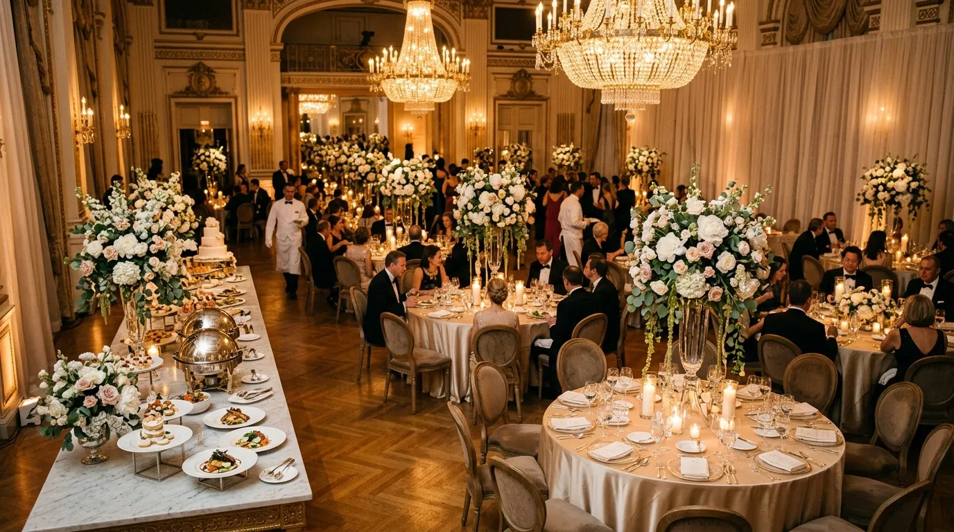 Salle de bal décorée fleurs blanches, tables rondes, lustres dorés