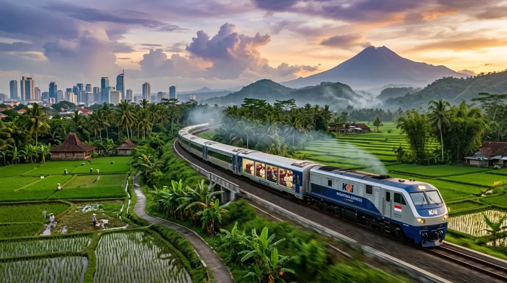 Train bleu traversant rizières vertes avec volcan en arrière-plan