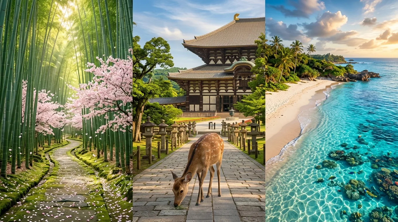 Bambou japonais, temple bouddhiste, plage tropicale turquoise