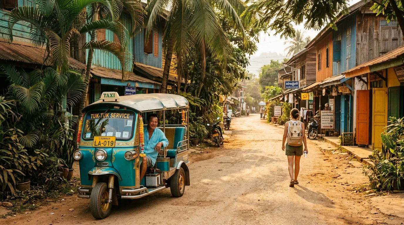 Conducteur de tuk-tuk bleu dans une rue rurale tropicale