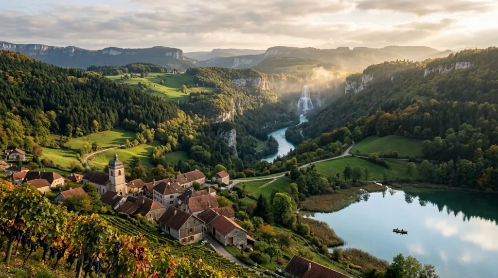 Village montagnard dans une vallée alpine avec rivière et cascade