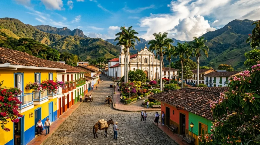 Village colonial avec église blanche, maisons colorées et montagnes