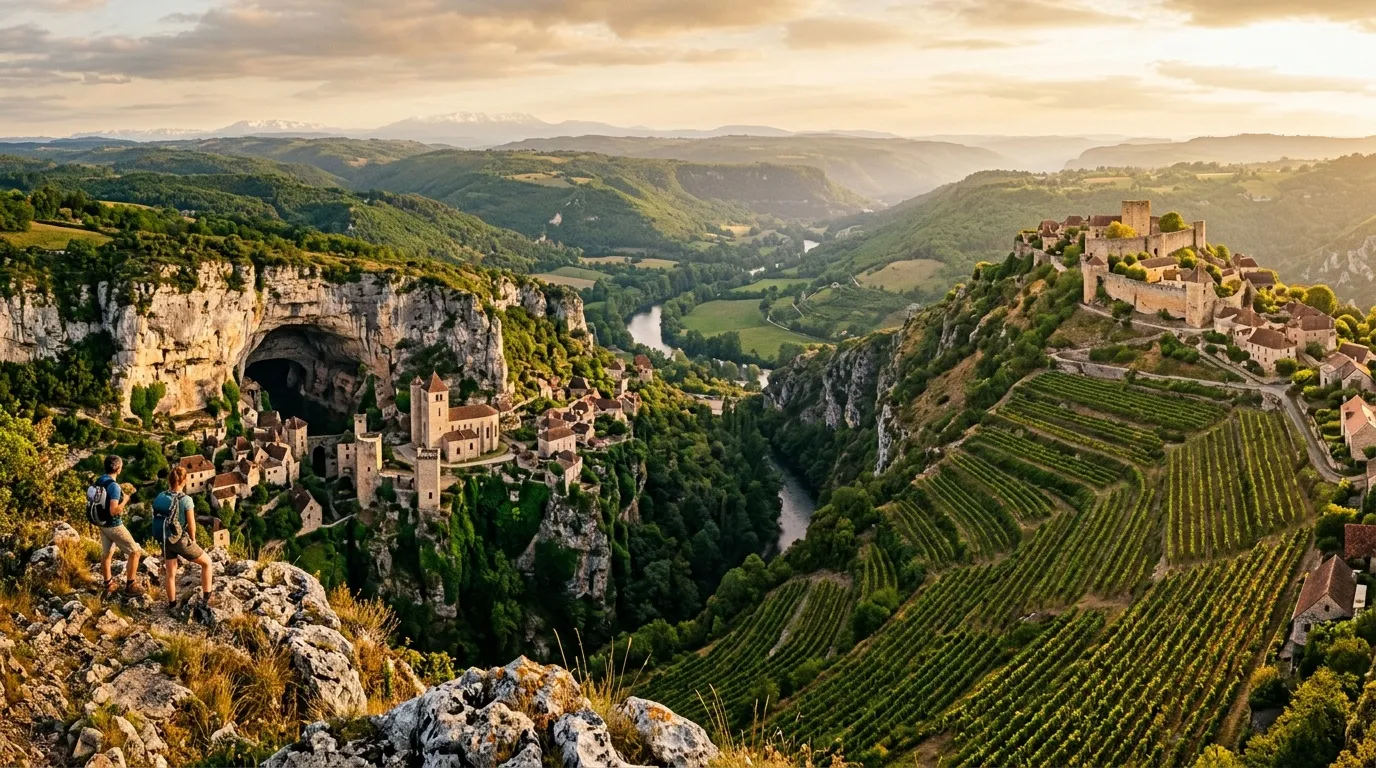 Châteaux médiévaux dominant une vallée avec vignobles et rivière