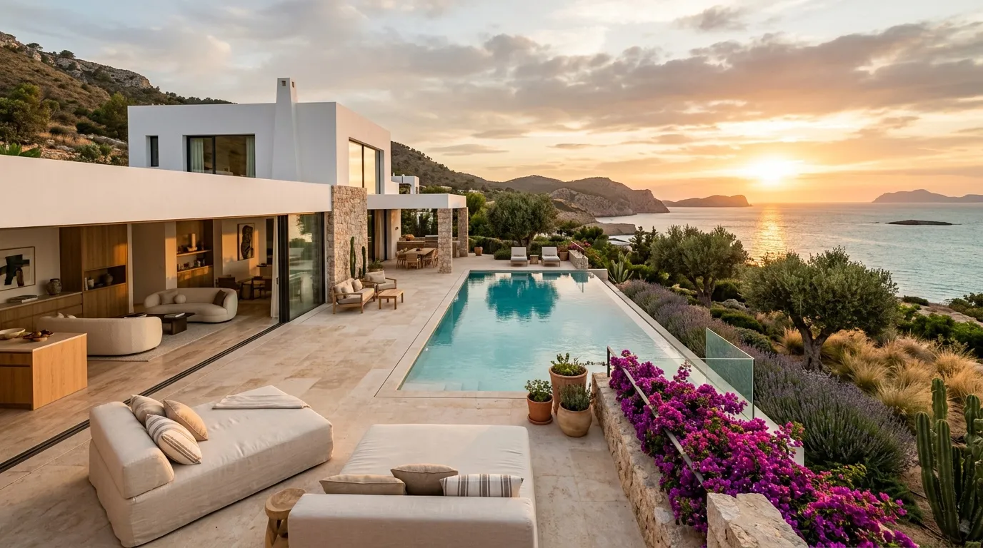 Villa moderne blanche avec piscine surplombant la mer au coucher soleil