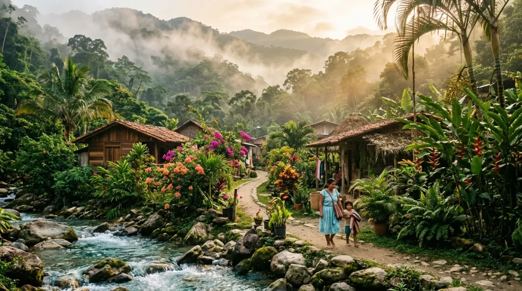 Village traditionnel en jungle avec rivière, maisons rustiques et montagnes