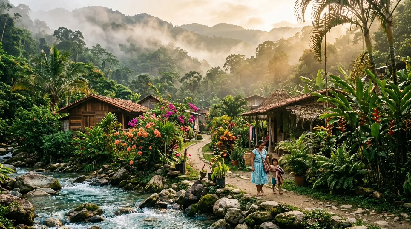 Village traditionnel en jungle avec rivière, maisons rustiques et montagnes