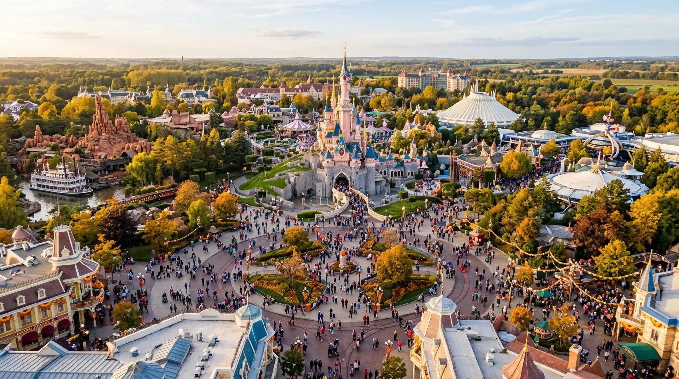 Parc Disney avec château central, foules et attractions environnantes