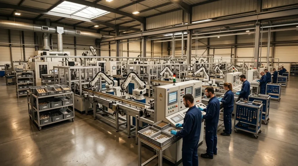 Usine moderne avec robots et ouvriers en uniformes bleus