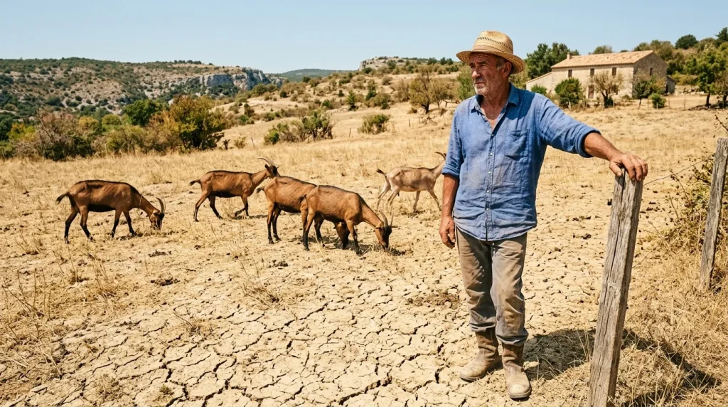Homme avec chèvres dans paysage aride et désertique