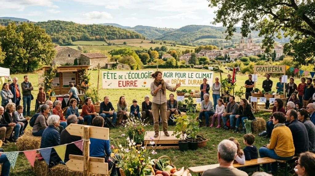 Rassemblement communautaire sur l'écologie dans paysage rural français