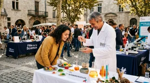 Scientifique explique gastronomie moléculaire à une visiteure
