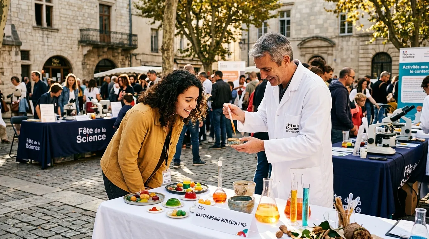 Scientifique explique gastronomie moléculaire à une visiteure
